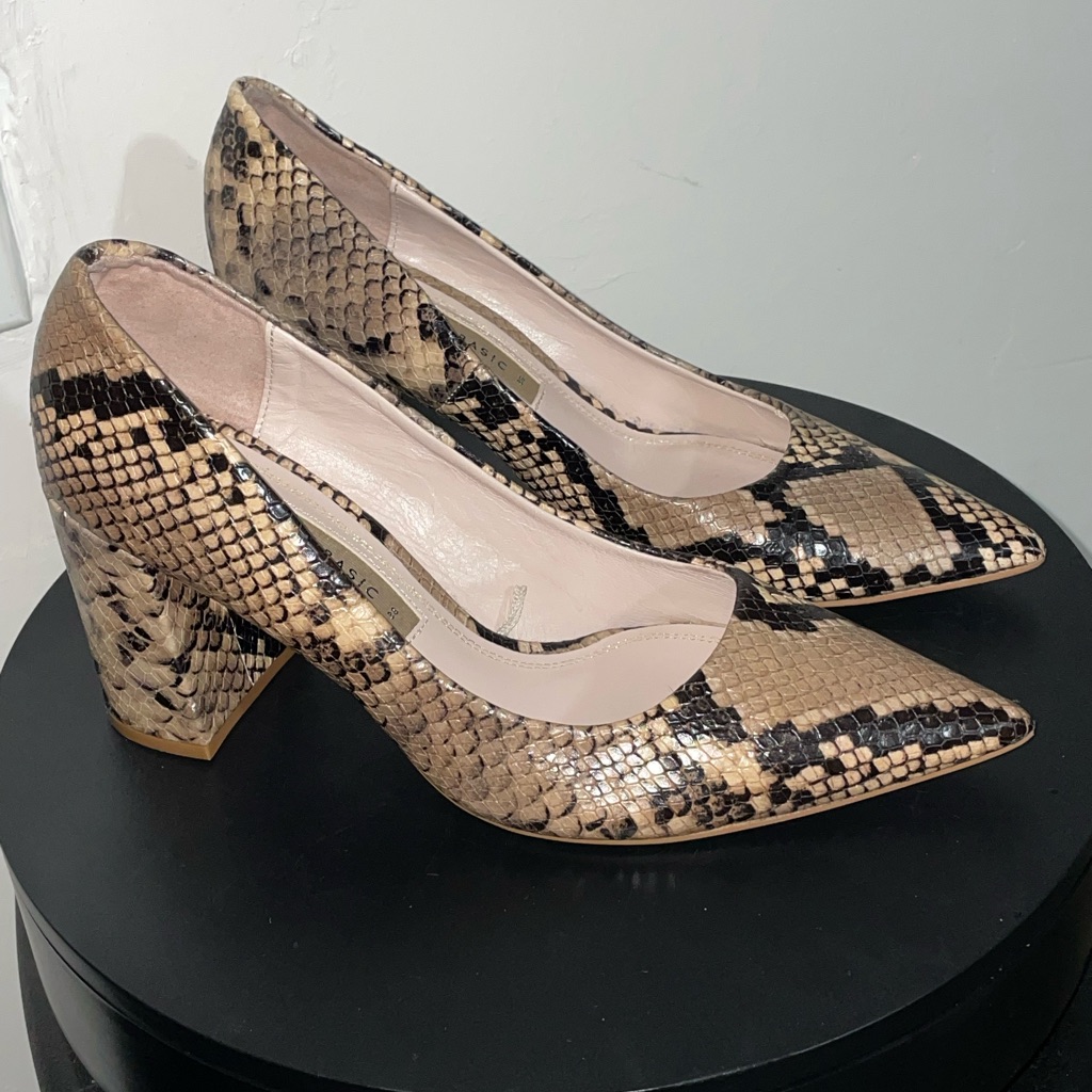 Zara Basic Block Heels Pointed Toe In Python Print